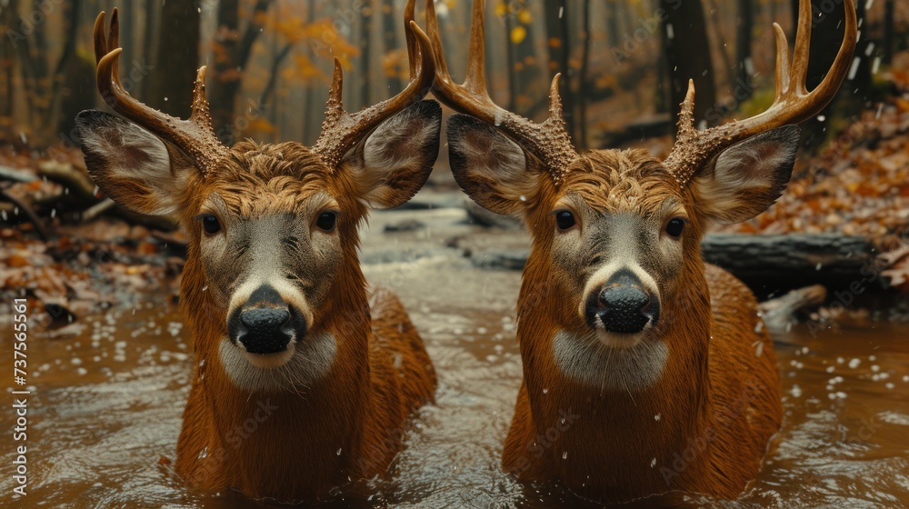 two deer standing next to each other in a body of water with trees in ...