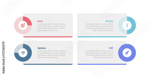 GROW coaching model infographics template diagram with pie chart on rectangle box edge with 4 point step design for slide presentation
