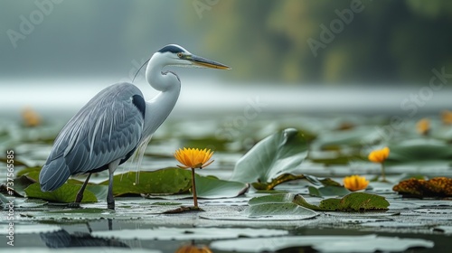 Fotografia a large bird standing on top of a body of water surrounded by lily pads and yellow water lillies on a foggy day