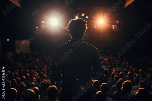 Rear view of a businessman standing in front of the audience at the conference hall. The concept of performing on stage, public speaking.