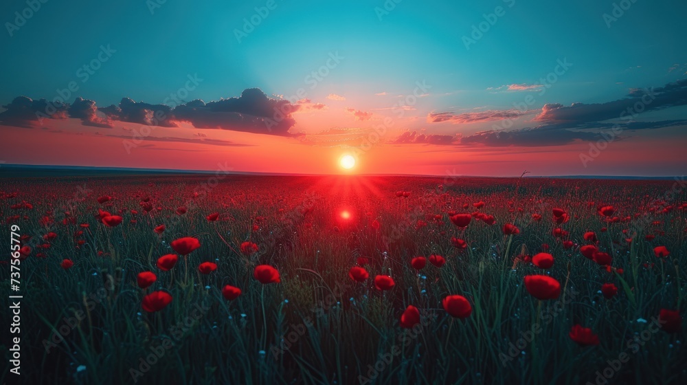 a field full of red flowers with the sun setting in the middle of the sky in the middle of the day. - obrazy, fototapety, plakaty 