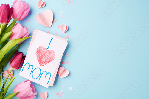 Lovingly made: a child’s touch for Mother’s day. Top view of lush pink tulips, a heartfelt "I Love Mom" card, and paper hearts on light blue background with space for Mother's Day greetings