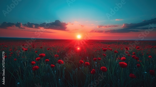 a field full of red flowers with the sun setting in the middle of the sky in the middle of the day. photo