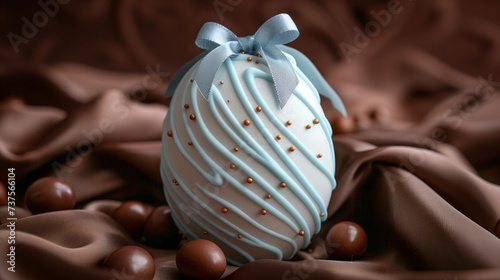 Un bel oeuf de Pâques en chocolat décoré de blanc et de traînées de sucre bleu clair sur fond marron chocolat, dégustation d'un met traditionnel photo