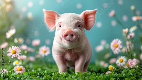 a small pig is standing in a field of daisies and daisies with a blue sky in the background.
