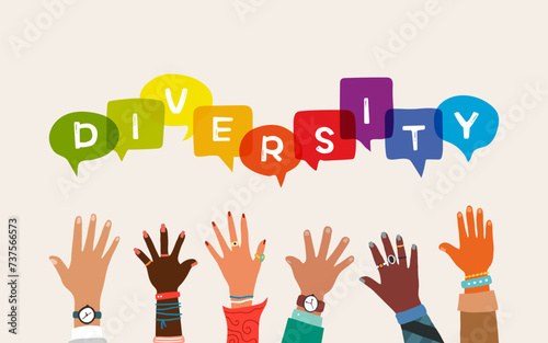 Diversity people hands with speech bubbles. Vector illustration