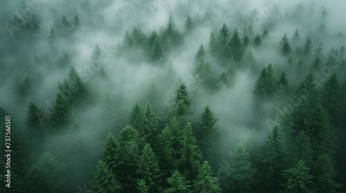 a forest filled with lots of green trees covered in a layer of fog in the middle of a forest filled with lots of green trees covered in fog.