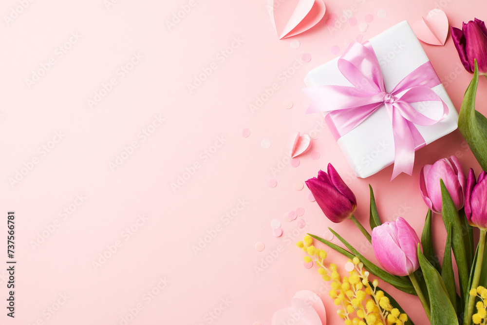 Presents with purpose: curating tokens of appreciation for her. Top view shot of vibrant pink tulips, a white present, romantic paper hearts on soft pink background with space for marketing promotions