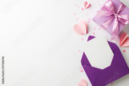 Precious delights: thoughtful gifts for her joyous moments. Top view shot of elegant purple gift box, envelope, heart confetti on white background with space for product promotions