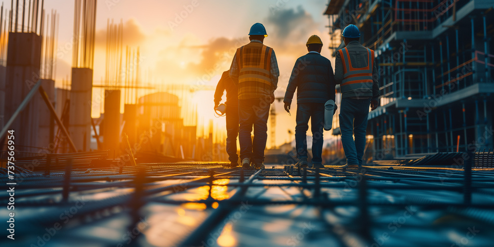 Construction Crew at Sunset. Workers in hard hats on a construction site during golden hour.