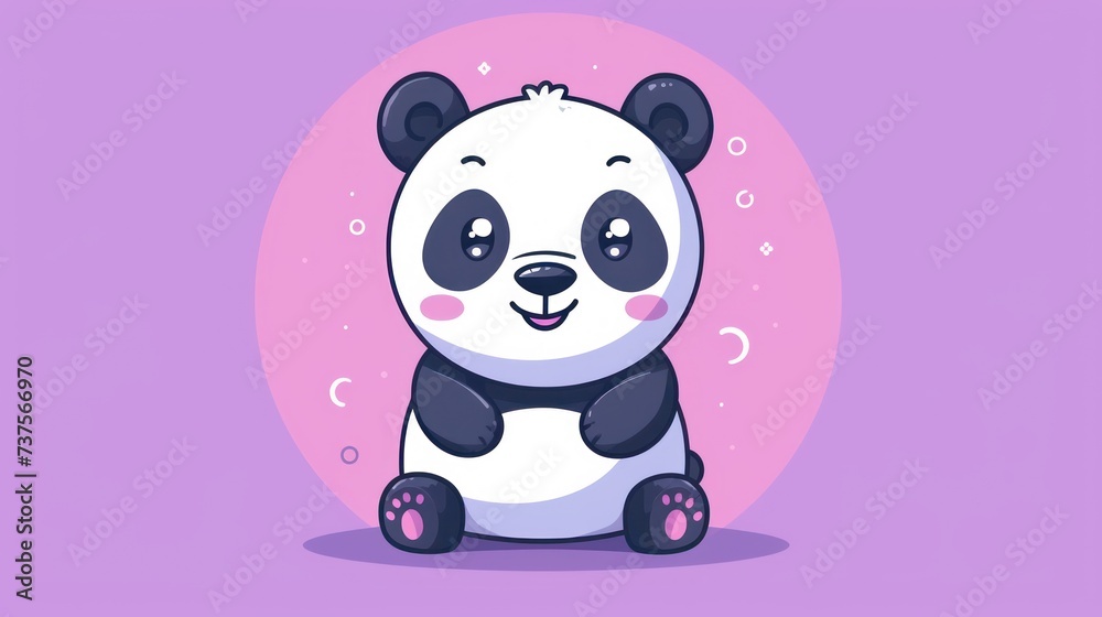 a panda bear sitting in front of a purple background with a pink circle around it and a pink circle around it.