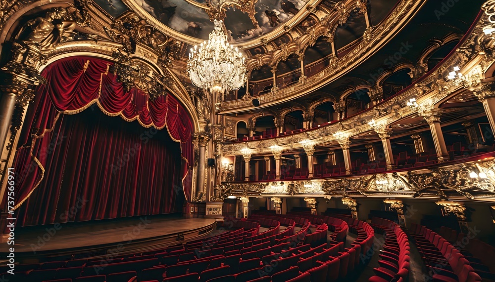a theater with a chandelier and red curtains