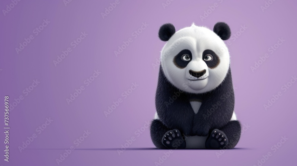 a black and white panda bear sitting on top of a purple and purple background with its arms crossed and legs crossed. a black and white panda bear sitting on top of a purple and purple background with its arms crossed and legs crossed.