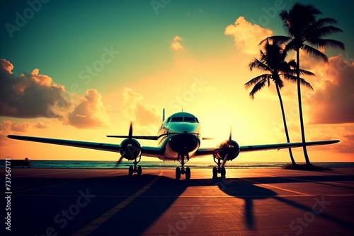 Small airplane prepping for takeoff at an airport. Sunset and palm trees. Warm tones. Travel concept.