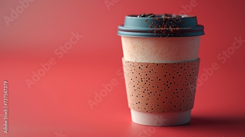 a close up of a cup of coffee on a red surface with a blue lid and a straw sticking out of it. © Shanti