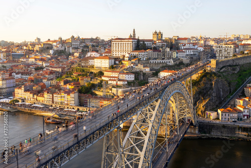Panoramic view at afternoon of Dom Luis I bridge in Porto, Portugal. Long Exposure.