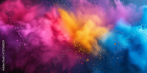 Explosion of Holi Powder in Vivid Colors. Clouds of pink, yellow, and blue Holi powder bursting in air.