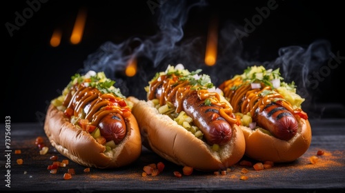 Three Hot Dogs on Buns With Condiments on a Table