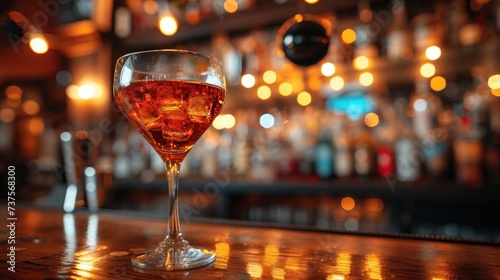 a close up of a wine glass on a table with a bar in the back ground and lights in the background.