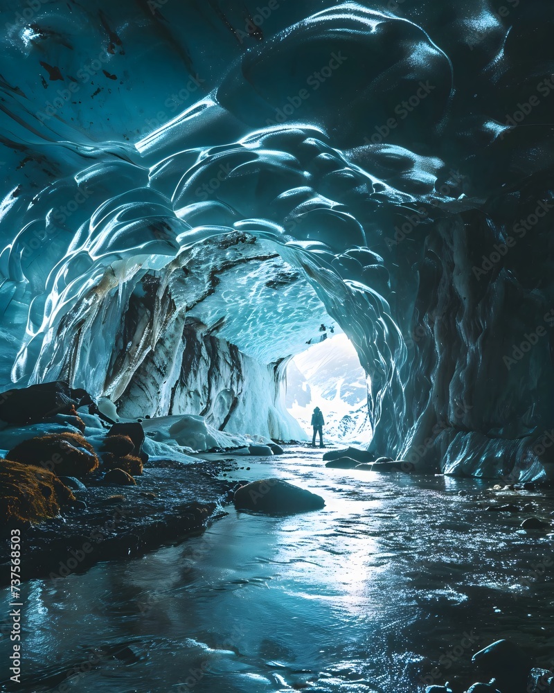 a man standing inside of a large ice cave