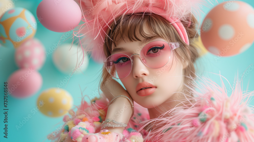 Fashionable Easter Celebration Theme with Stylish Woman.Trendy young woman with Easter accessories, pink sunglasses, and a feathery outfit against a blue backdrop with floating eggs.