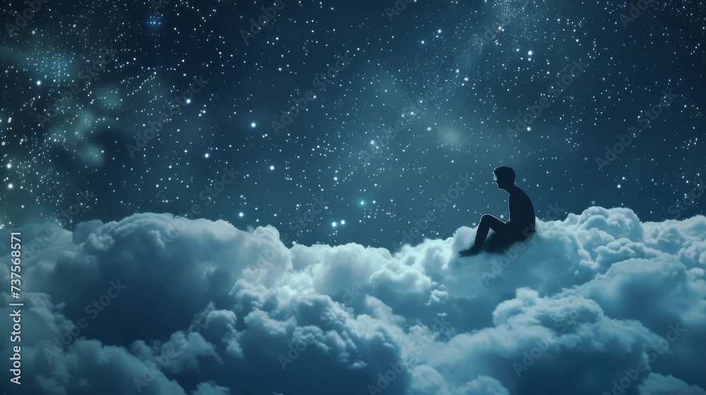 A serene figure floats above the night sky, surrounded by billowing clouds as they swim through the stars, embracing the peaceful embrace of nature's beauty