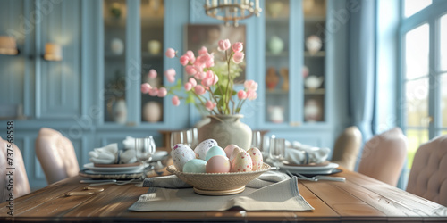 Elegant Easter Table Setting with White Tulips and Bunny Decor. Serene Easter table arrangement in a bright kitchen, featuring white tulips in a vase, bunny figurines, and golden eggs. #737568558