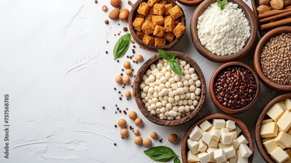 a table topped with bowls filled with different types of food next to a pile of nuts and a pile of cheese. a table topped with bowls filled with different types of food next to a pile of nuts and a pile of cheese.