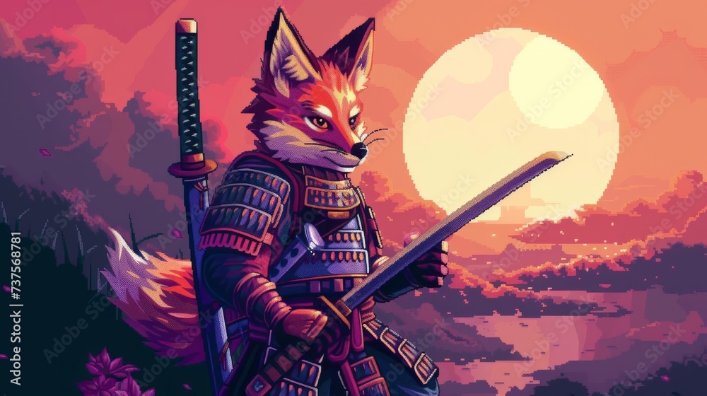 A cunning anime fox warrior stands proud under the moon's glow, sword in hand, ready to battle in this vibrant and digitally composed pixel art - obrazy, fototapety, plakaty 
