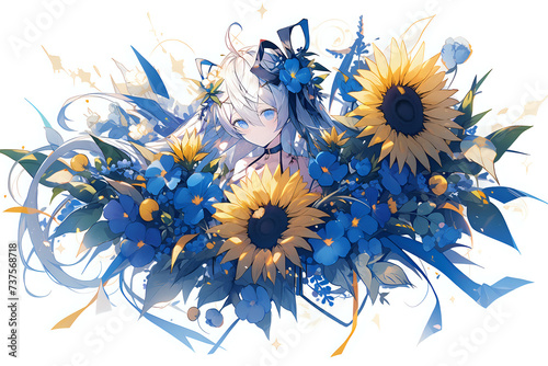 anime girl in sunflowers and blue flowers