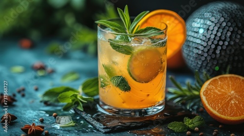 a close up of a drink in a glass with a mint garnish and orange slices on the side.