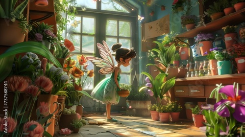 Amidst a lush oasis of vibrant blooms, a whimsical fairy tends to her beloved houseplants in a charming floral shop