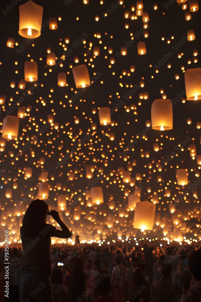 a person taking a picture of a sky full of lanterns