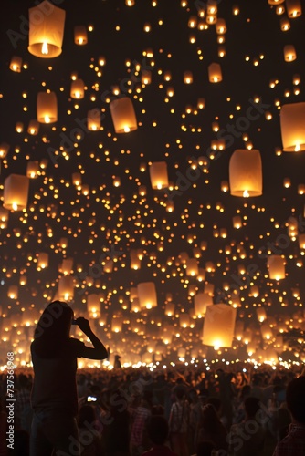 a person taking a picture of a sky full of lanterns