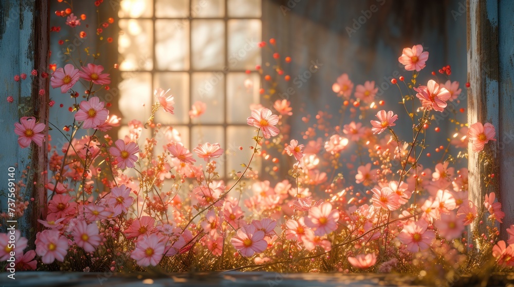 a bunch of pink flowers in front of a window with sunlight coming through the window panes on a sunny day.