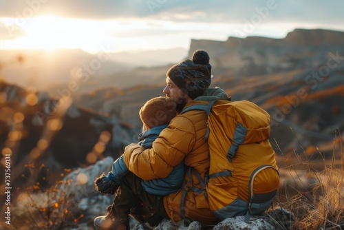 A father and his young daughter bond over the breathtaking views of the mountain during a serene sunset, their outdoor clothing blending seamlessly with the nature surrounding them