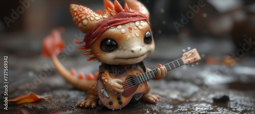 a small toy lizard with a red bandanna playing a ukulele on it's neck and a red bandana on its head. photo