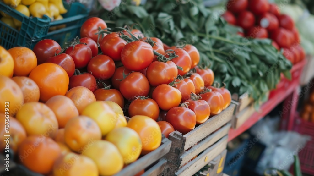 An outdoor market showcasing an array of vibrant and nutrient-rich tomatoes, including bush and plum varieties, highlights the benefits of natural and whole foods for a healthy vegan and vegetarian d