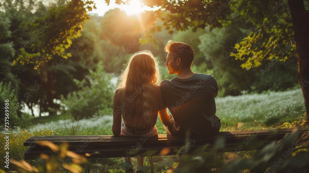 A couple embraces on a park bench, basking in the warm summer sun and surrounded by nature's beauty A couple embraces on a park bench, basking in the warm summer sun and surrounded by nature's beauty