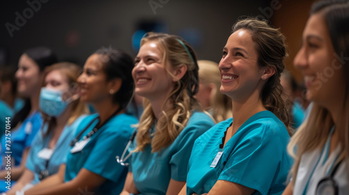Group of smiling nursing staff sitting at a medical training seminar
