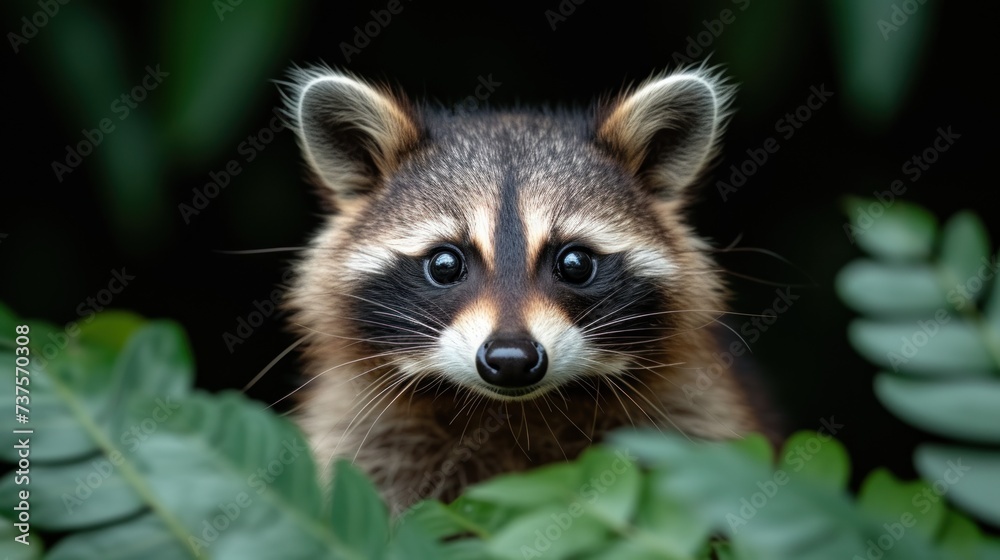 a close up of a raccoon peeking out from behind a leafy plant with lots of green leaves.