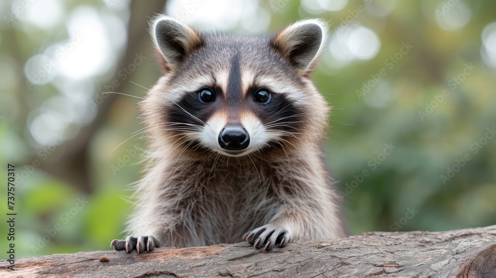 a close up of a raccoon on a tree branch looking at the camera with a blurry background.
