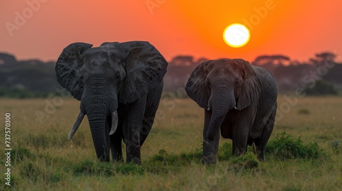 a couple of elephants standing on top of a grass covered field with the sun setting in the distance behind them.