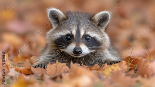 a raccoon laying on top of a pile of leaves next to a pile of orange and yellow leaves.