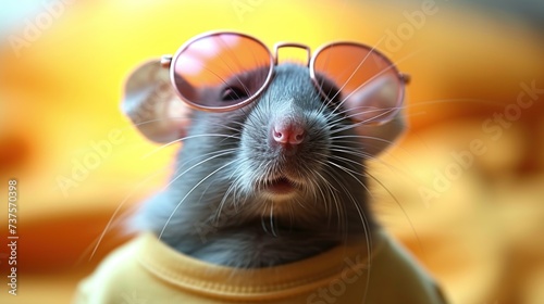 a close up of a rat wearing sunglasses on top of it's head and wearing a t - shirt.