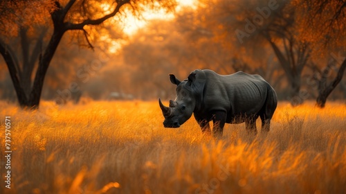 a rhinoceros standing in a field of tall grass with trees in the background and the sun shining through the trees.