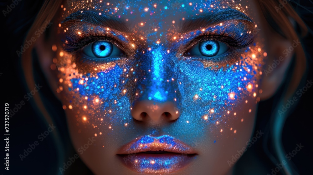 a close up of a woman's face with blue eyes and glowing stars all over her face and body.