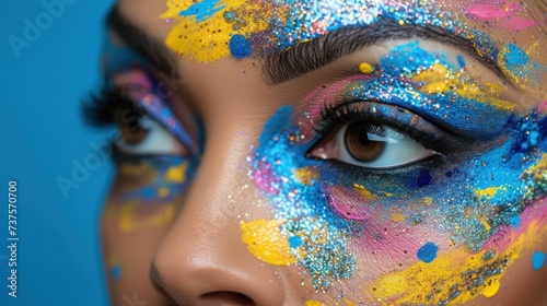 a close up of a woman's face with blue and yellow paint all over her face and eyeliner.