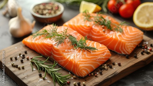 two raw salmon fillets on a cutting board with spices and seasonings around them and lemons and tomatoes in the background.