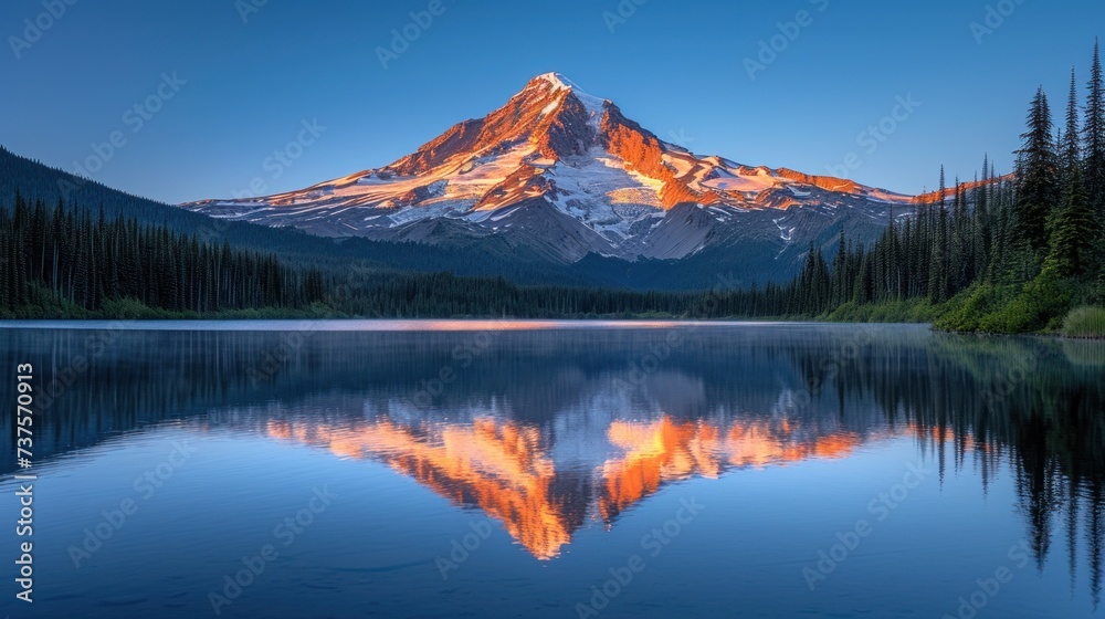a mountain is reflected in the still water of a lake with pine trees in the foreground and a blue sky in the background.